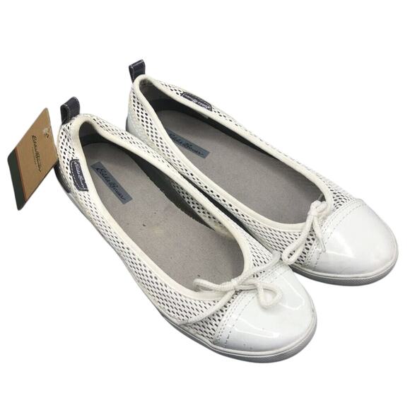 Eddie Bauer Shoes Womens 9 M Ballet Flats White Vegan Slip On Mesh Bow Round Toe - Picture 1 of 8